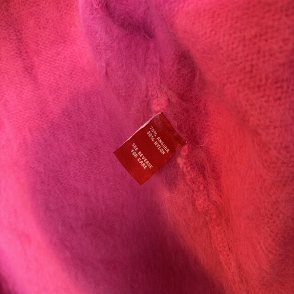 525 Angora Hair Sweater Small Hot Pink Barbie Preppy Old Money - Picture 6 of 7